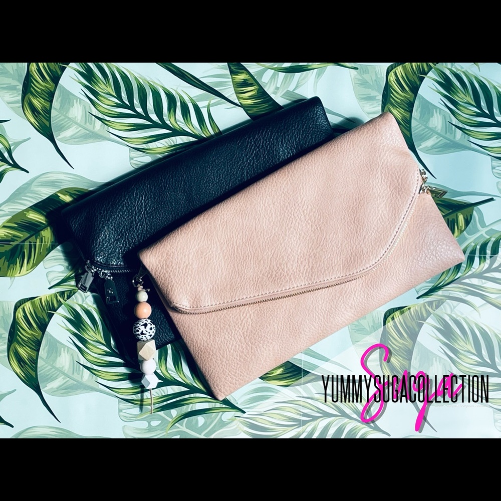 Faux leather clutch and versatile crossbody.